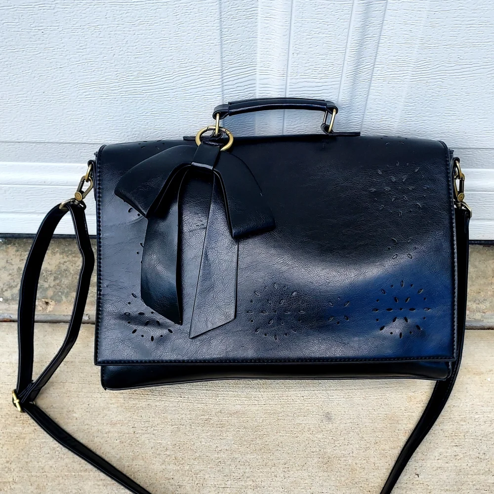 Black Laptop Bag with Decorative Bow - Women Bags Laptop Bags